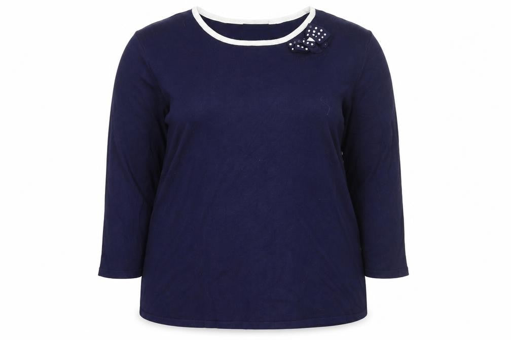 Front view of Kaleidoscope Women’s Blue Crew Neck Bow Accent 3/4 Sleeve Jumper UK 20