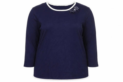 Front view of Kaleidoscope Women’s Blue Crew Neck Bow Accent 3/4 Sleeve Jumper UK 20