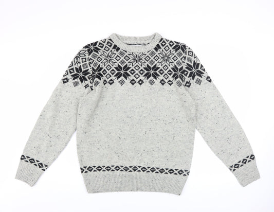 Tu Men’s Grey Fair Isle Wool Blend Crew Neck Jumper Size S