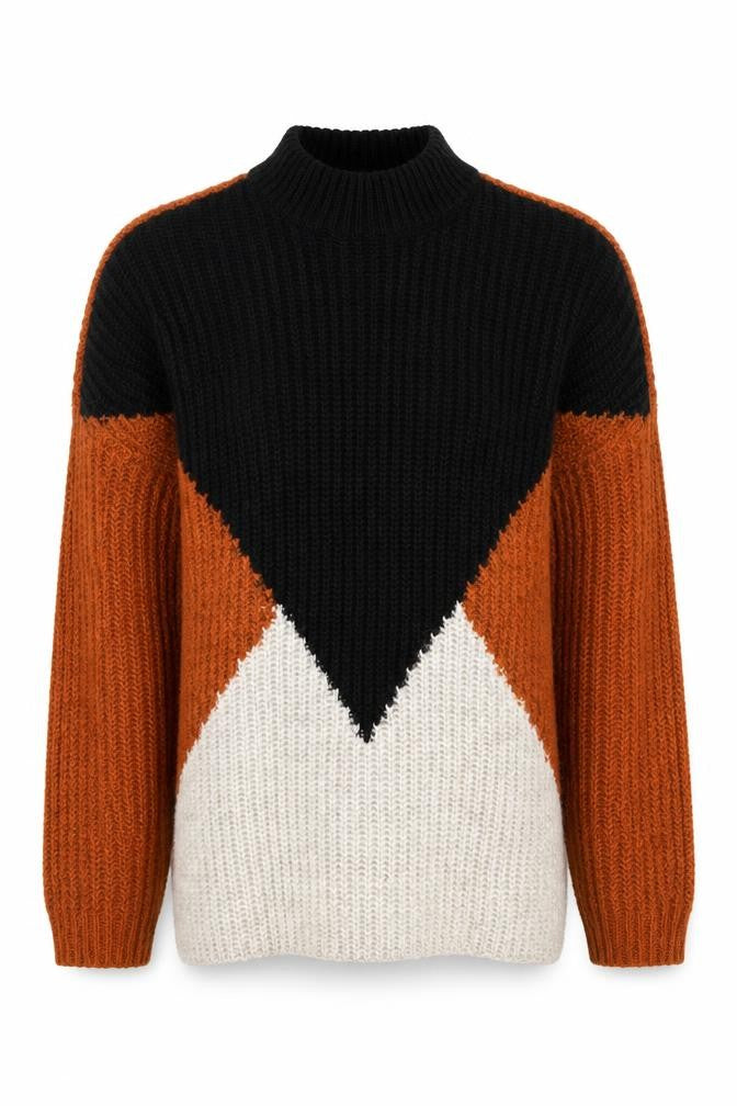 Front view of Y.A.S unisex black brown ivory chunky knit high neck jumper xl