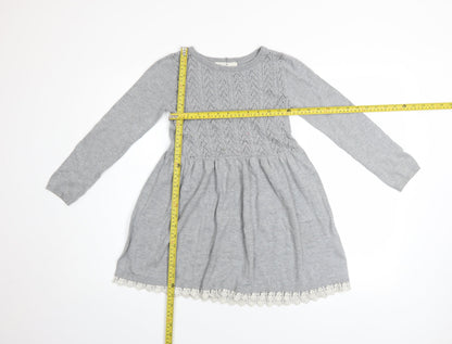 L.O.G.G. Girls Grey Knit A-Line Long Sleeve Lace Hem Dress 7-8 Years