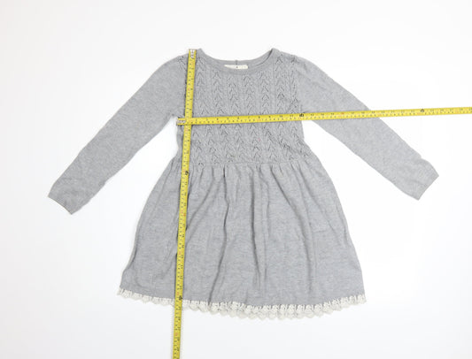 L.O.G.G. Girls Grey Knit A-Line Long Sleeve Lace Hem Dress 7-8 Years