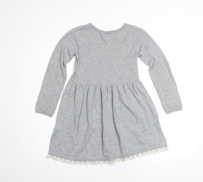 L.O.G.G. Girls Grey Knit A-Line Long Sleeve Lace Hem Dress 7-8 Years