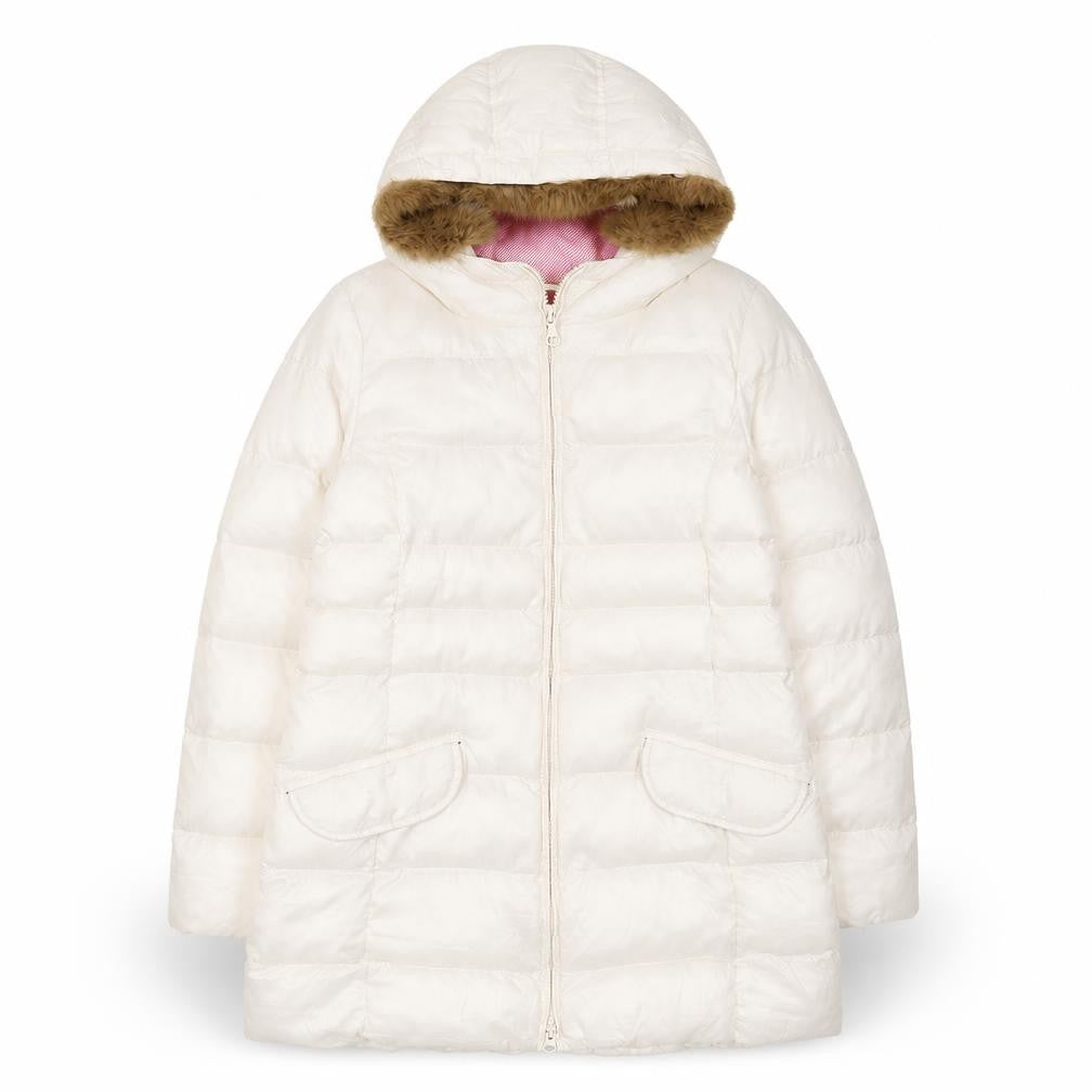 Uniqlo Girls Ivory Hooded Puffer Coat 10 Years Faux Fur Trim Winter Warm