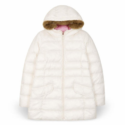 Uniqlo Girls Ivory Hooded Puffer Coat 10 Years Faux Fur Trim Winter Warm