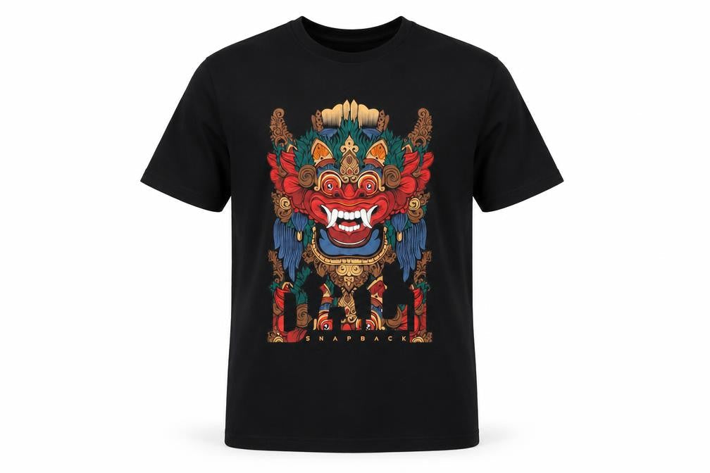 Front view of Snapback unisex black tribal graphic cotton t-shirt medium
