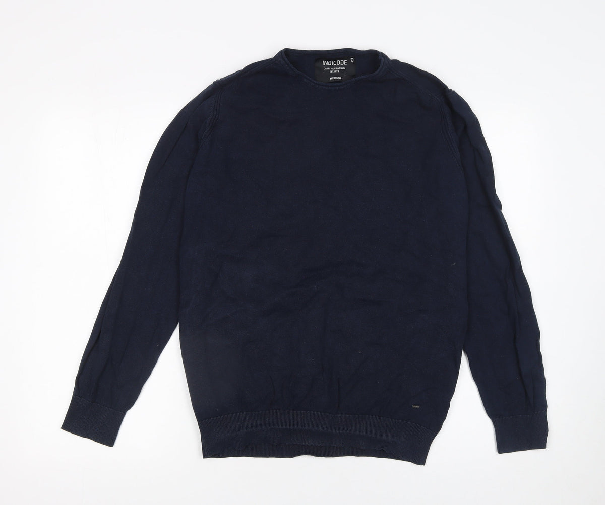 INDICODE Men’s Blue Cotton Blend Crew Neck Jumper Size M
