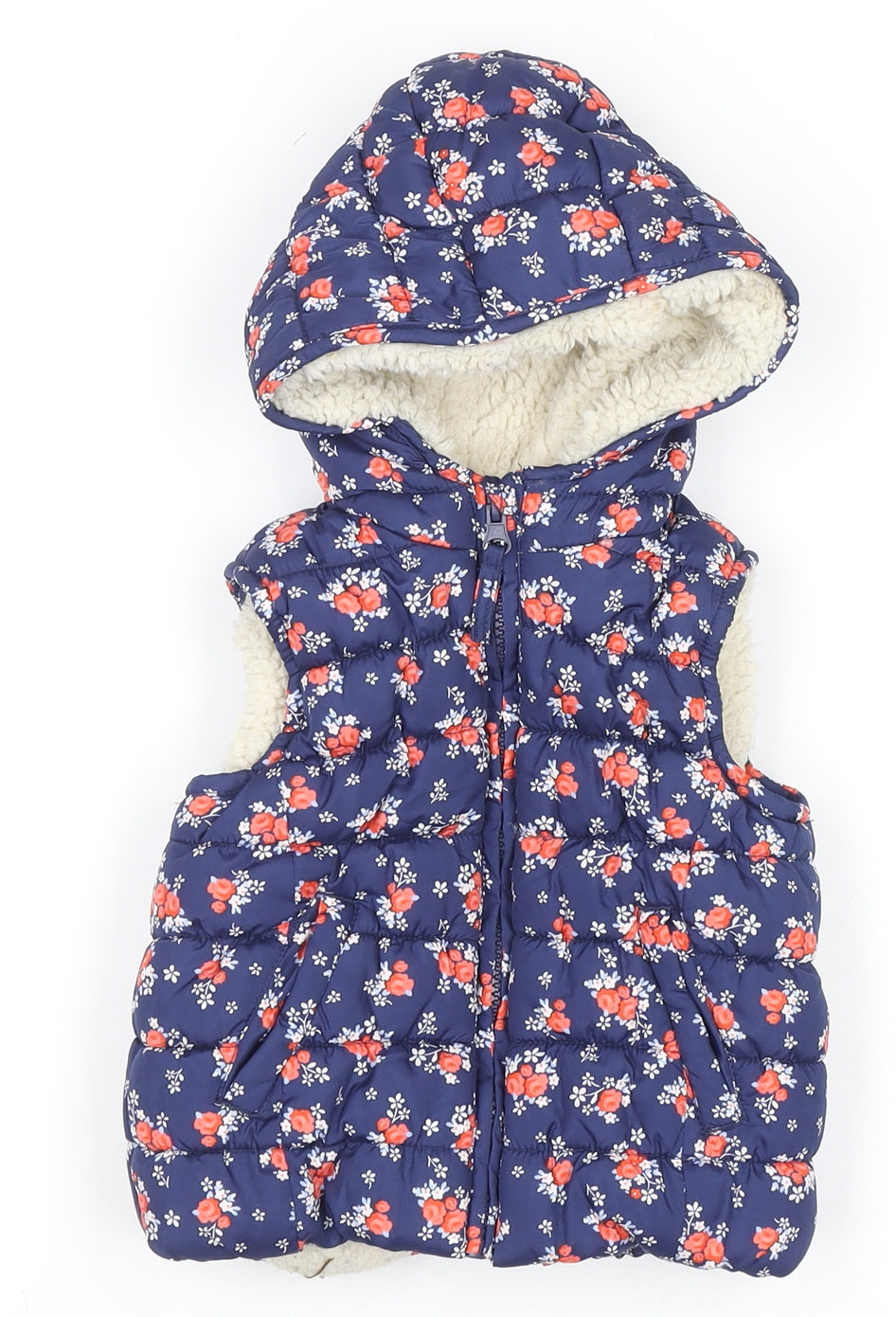 Marks and Spencer Girls Blue Floral Hooded Puffer Gilet 12-18 Months