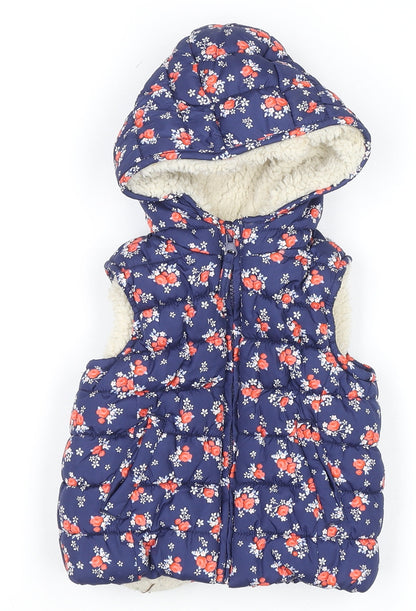 Marks and Spencer Girls Blue Floral Hooded Puffer Gilet 12-18 Months