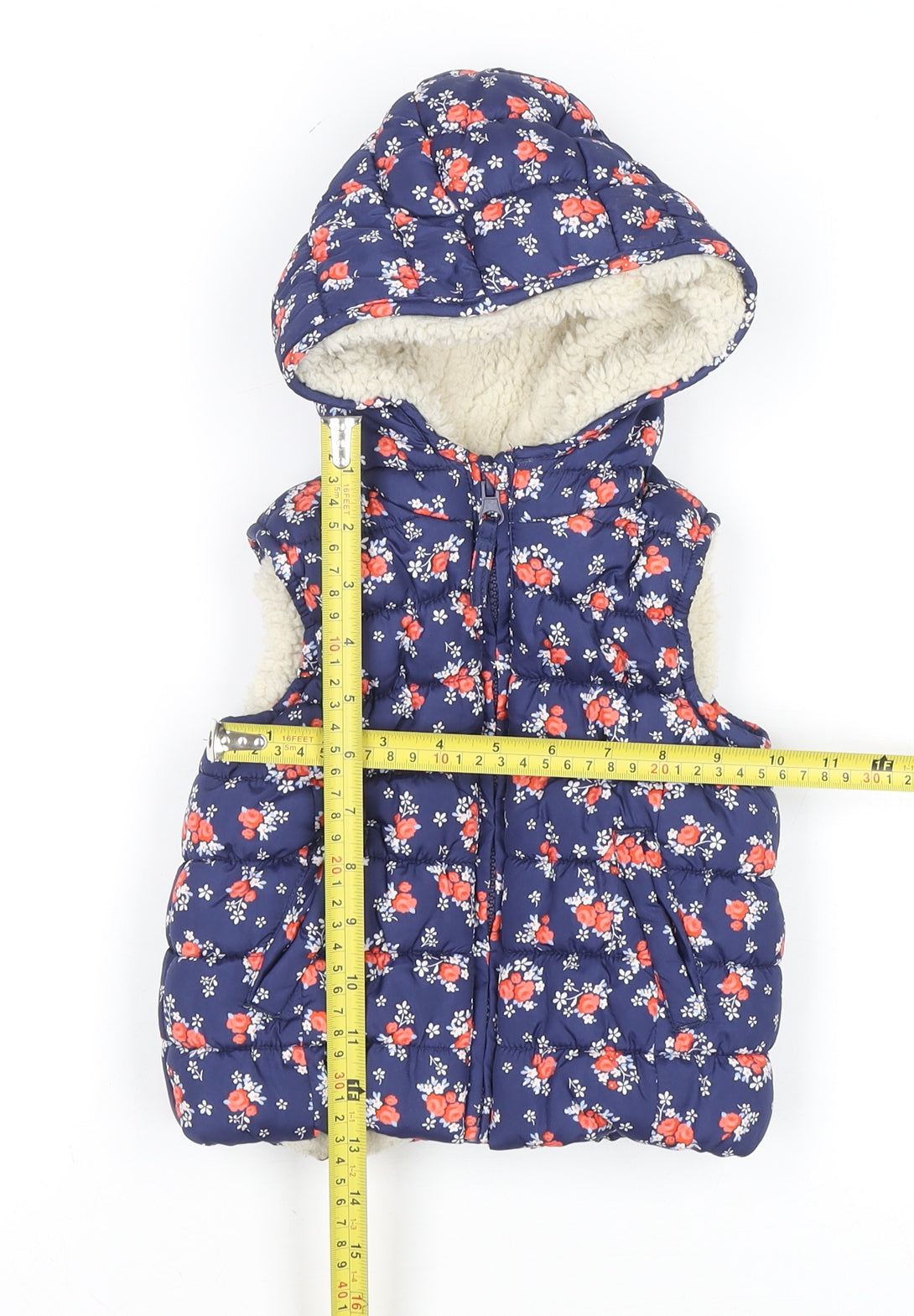 Marks and Spencer Girls Blue Floral Hooded Puffer Gilet 12-18 Months