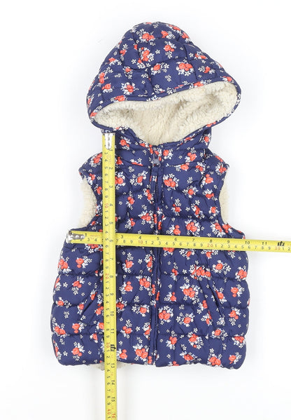 Marks and Spencer Girls Blue Floral Hooded Puffer Gilet 12-18 Months