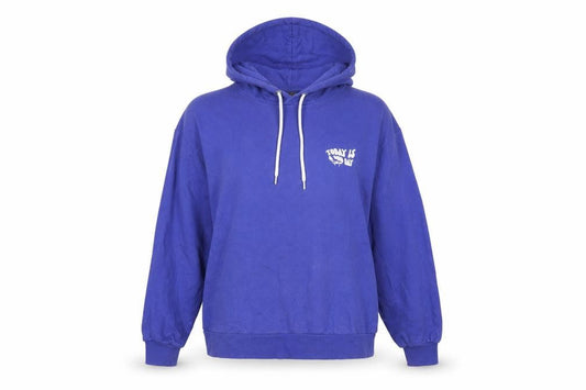 Front view of ASOS Women’s Blue Hoodie, size UK 8, Cotton Pullover with Graphic Print