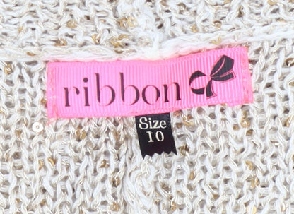 Womens UK Size 10 Ribbon Beige Cardigan Jumper