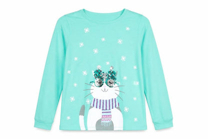 Front view of Lands' End girls’ green sequin cat long sleeve cotton t-shirt, size 10-12, years