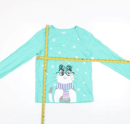 Lands' End Girls Green Sequin Cat Long Sleeve Cotton T-Shirt Size 10-12 Years