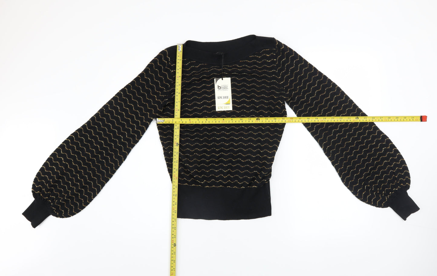 King Louie Women's Black XS Cropped Knit Blouse with Balloon Sleeves