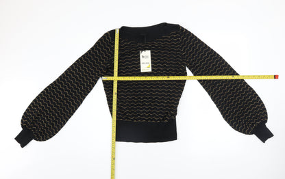 King Louie Women's Black XS Cropped Knit Blouse with Balloon Sleeves