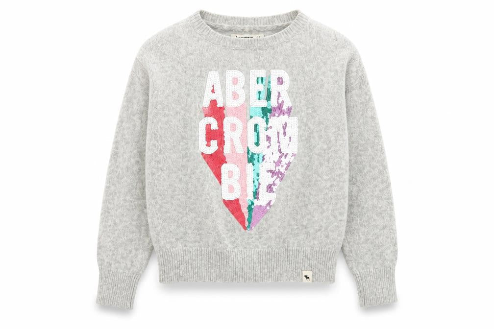 Abercrombie & Fitch Kids Girls Grey Sequin Logo Jumper Size 7/8 Cotton Pullover
