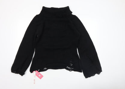 Romwe Women's Black Roll Neck Distressed Knit Jumper Size 16