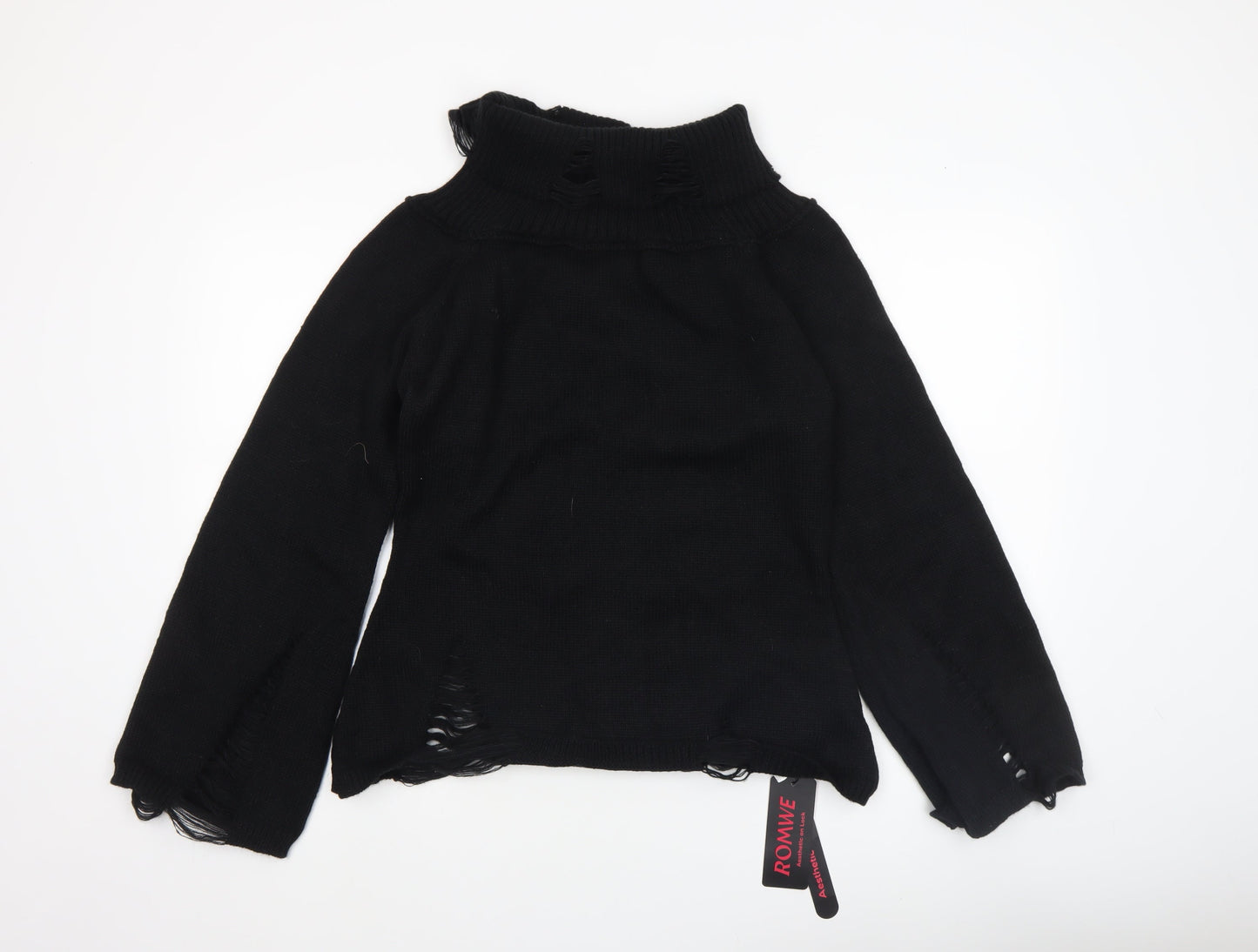 Romwe Women's Black Roll Neck Distressed Knit Jumper Size 16