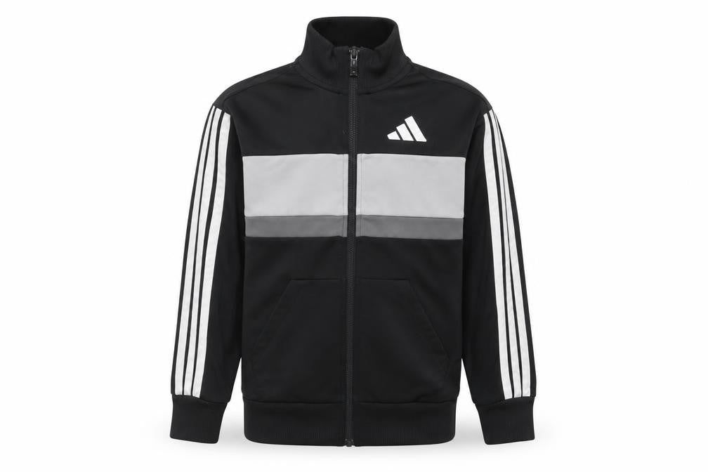 Front view of Adidas boys’ black track jacket 10-11 years full zip colourblock activewear