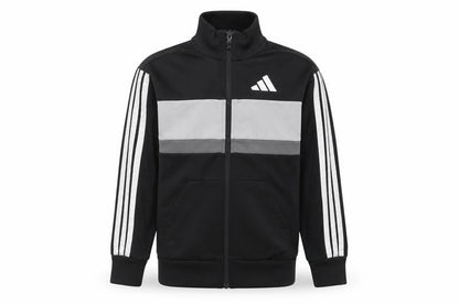 Front view of Adidas boys’ black track jacket 10-11 years full zip colourblock activewear