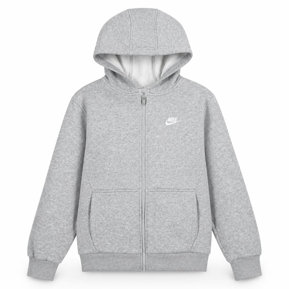 Front view of Nike boys’ grey full zip fleece hoodie size 146cm regular fit