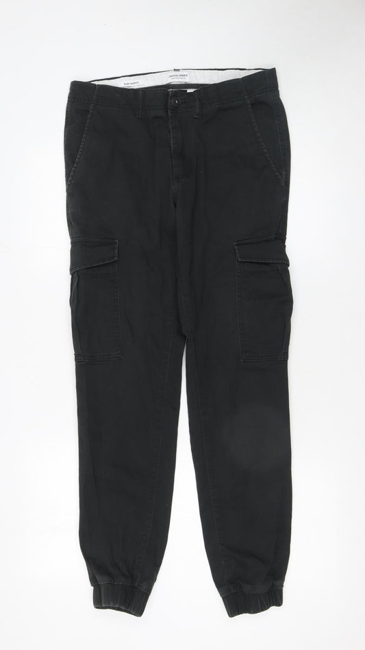 Mens UK Size M JACK & JONES Slim Fit Cargo Black Trousers