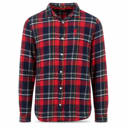 Front view of LFC men’s red blue flannel plaid long sleeve button-up shirt, size L