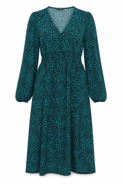 Front view of Dunnes Women Green Animal Print Midi A-Line Dress, size L