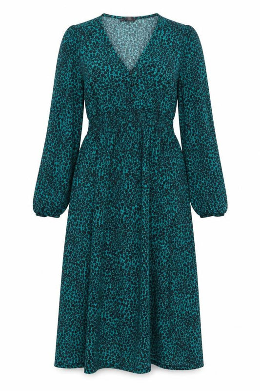Front view of Dunnes Women Green Animal Print Midi A-Line Dress, size L