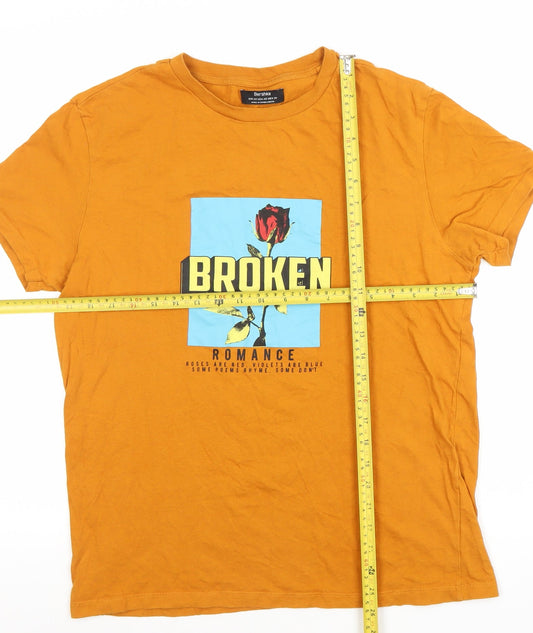 Bershka Men’s Orange Broken Romance Graphic Cotton T-Shirt XS