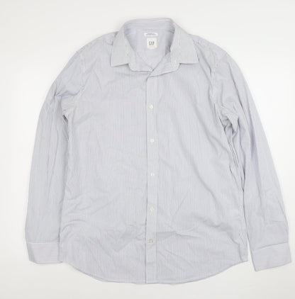 GAP Men's Blue Striped Non-Iron Stretch Cotton Long Sleeve Shirt L