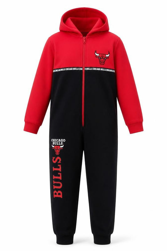 Primark Boys Black Red Chicago Bulls Fleece Hooded One Piece 10-11 Years