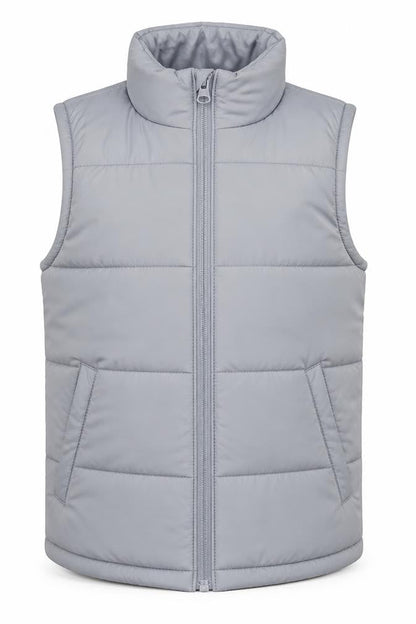 Front view of Dunnes boys’ grey quilted nylon zip bodywarmer 6-7 years