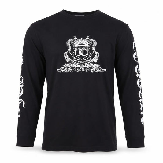 Front view of Juicy Couture unisex black xs long sleeve logo graphic t-shirt