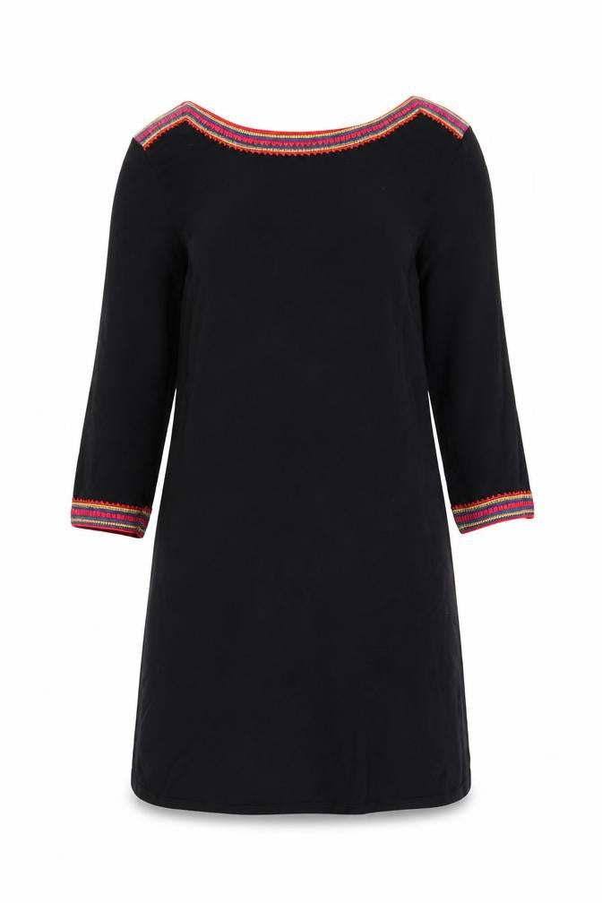East Women’s Black Cotton Viscose Bohemian Trim Shift Dress Size 12