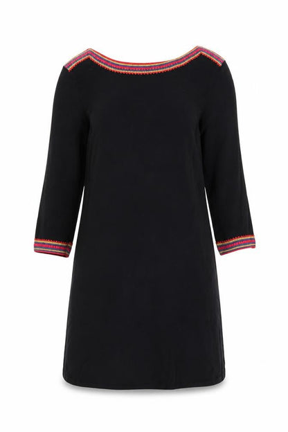 East Women’s Black Cotton Viscose Bohemian Trim Shift Dress Size 12