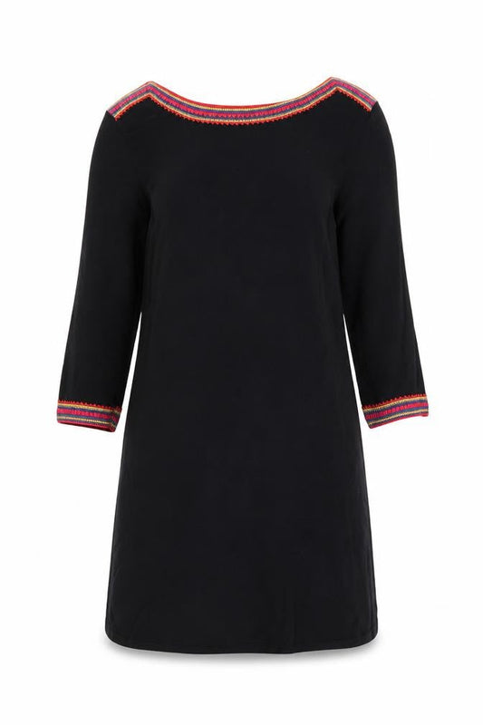 East Women’s Black Cotton Viscose Bohemian Trim Shift Dress Size 12