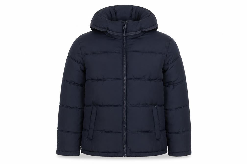 Front view of Grand & Hills boys’ blue 12-13 years hooded puffer jacket