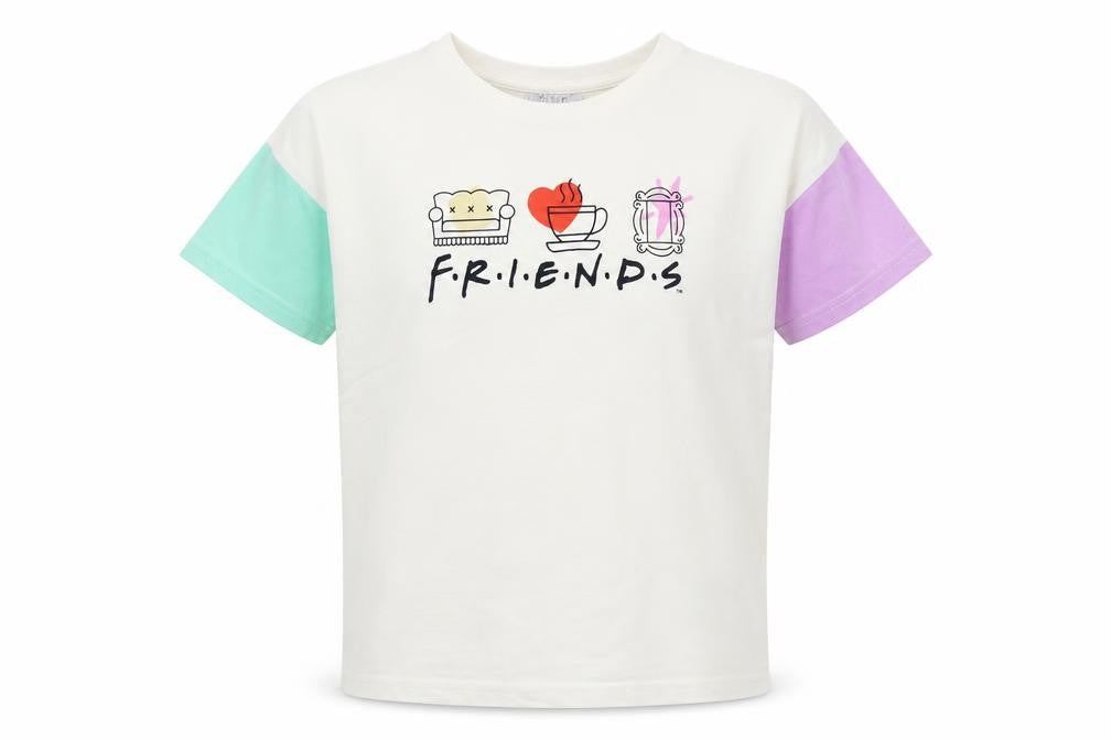 Front view of Primark girls’ multicoloured friends graphic short sleeve t-shirt 8-9 years