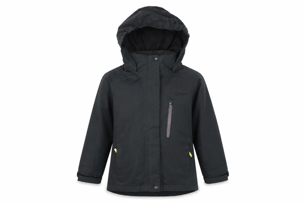 Front view of Hi Gear boys’ black hooded waterproof parka jacket 5-6 years lined