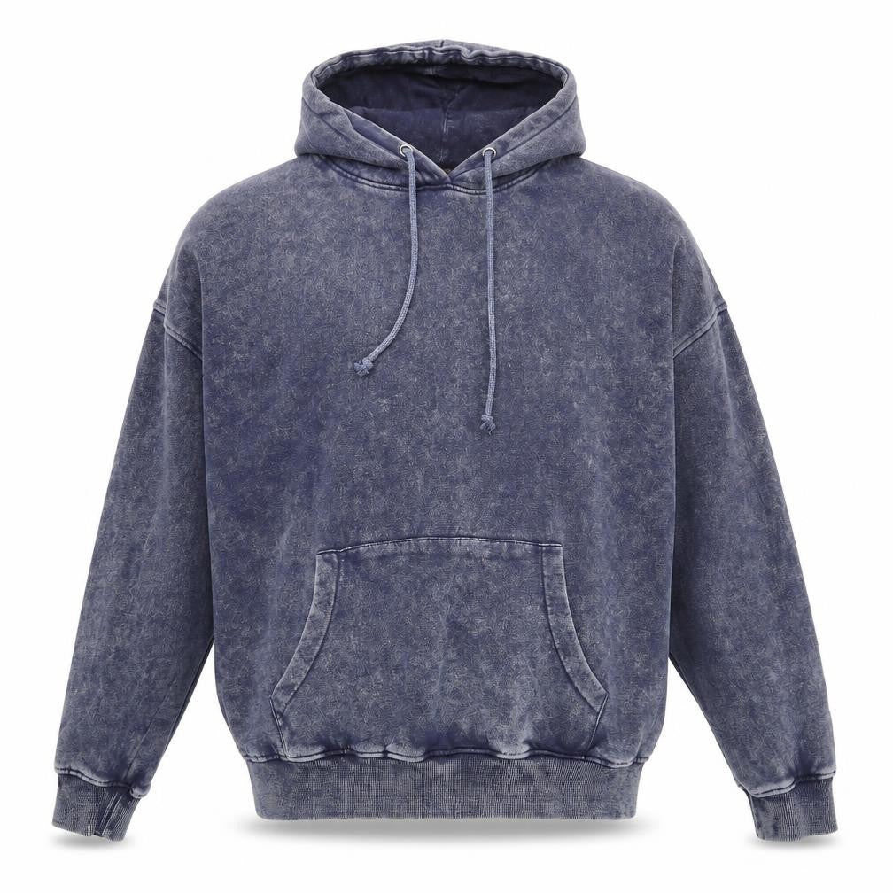 Front view of QED London unisex blue pullover hoodie one size fleece relaxed fit