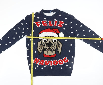 H&M Men Blue Christmas Dog Graphic Jumper M Pullover Knit
