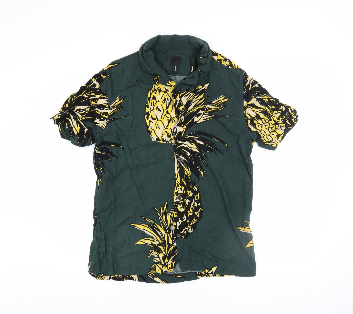 H&M Men’s Green Pineapple Print Short Sleeve Viscose Button-Up Shirt Size S