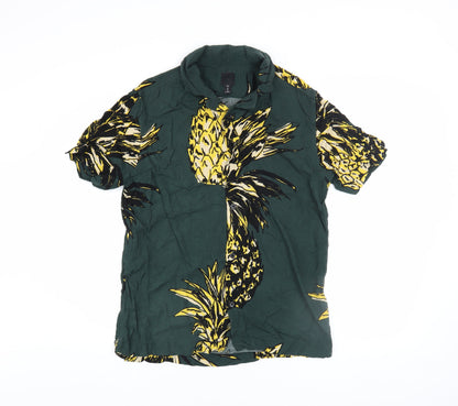 H&M Men’s Green Pineapple Print Short Sleeve Viscose Button-Up Shirt Size S