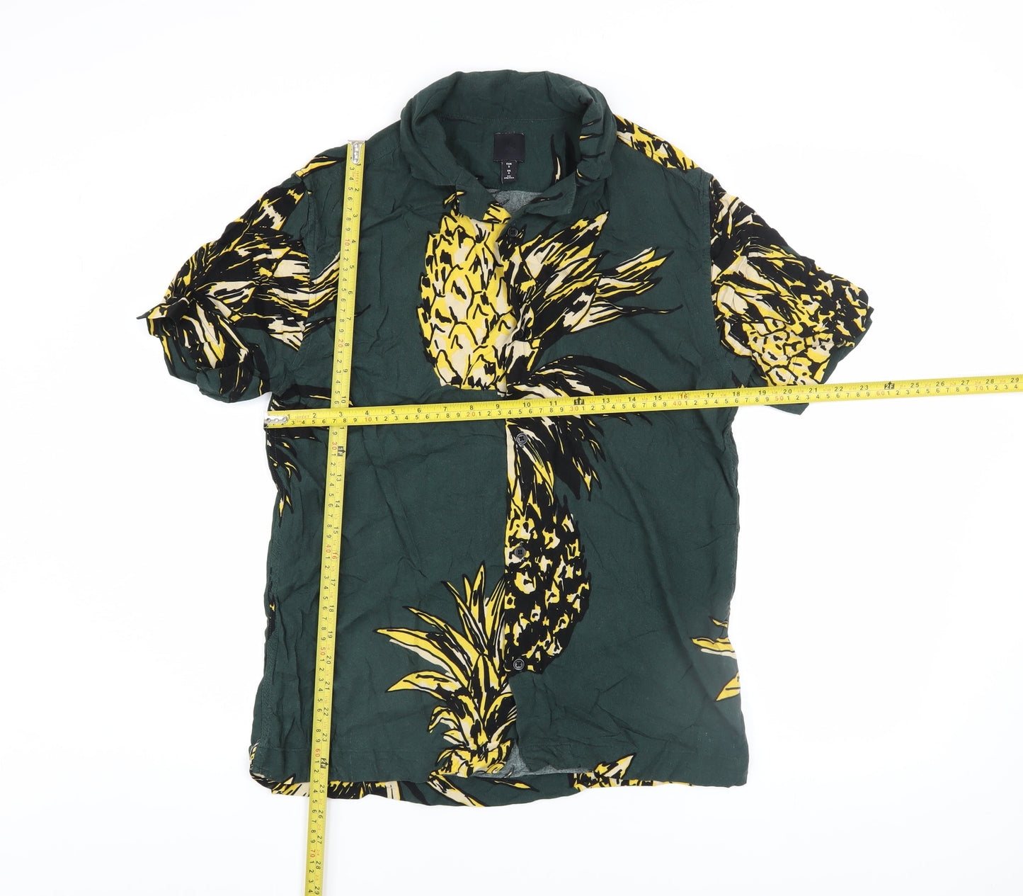 H&M Men’s Green Pineapple Print Short Sleeve Viscose Button-Up Shirt Size S