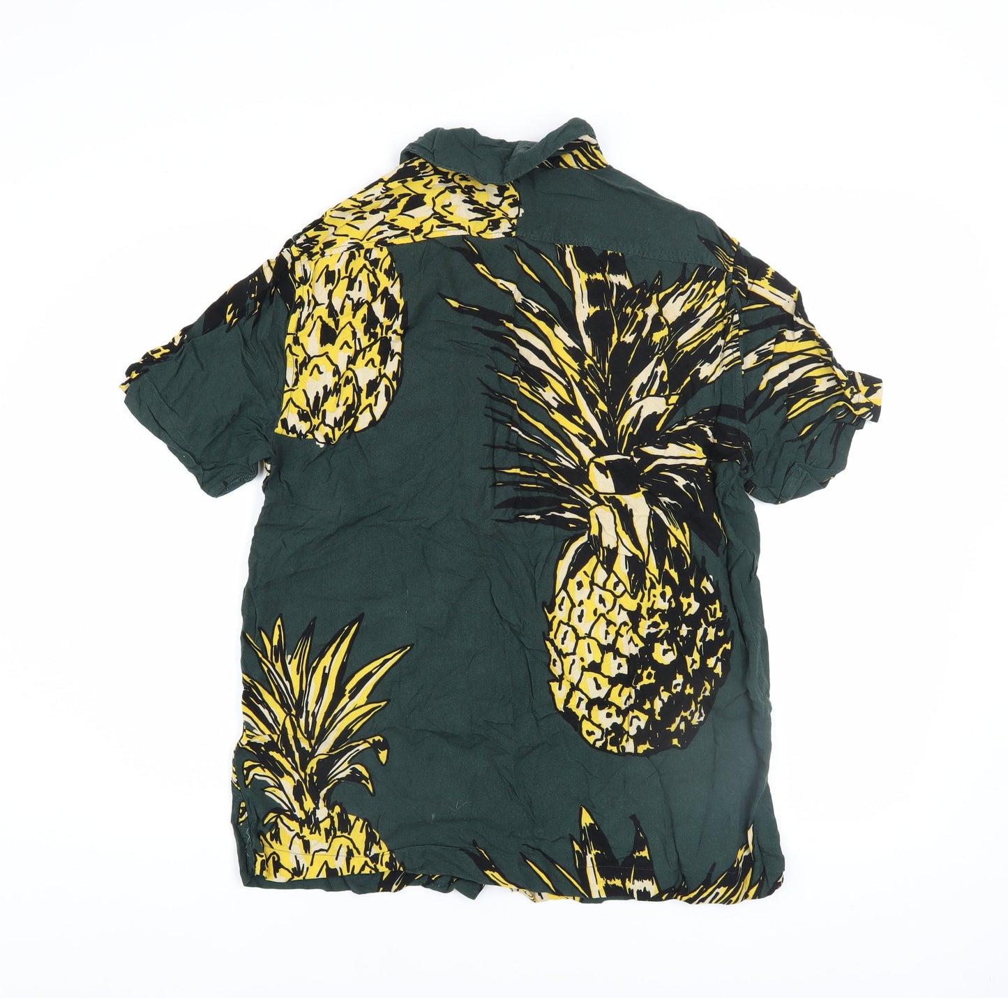 H&M Men’s Green Pineapple Print Short Sleeve Viscose Button-Up Shirt Size S