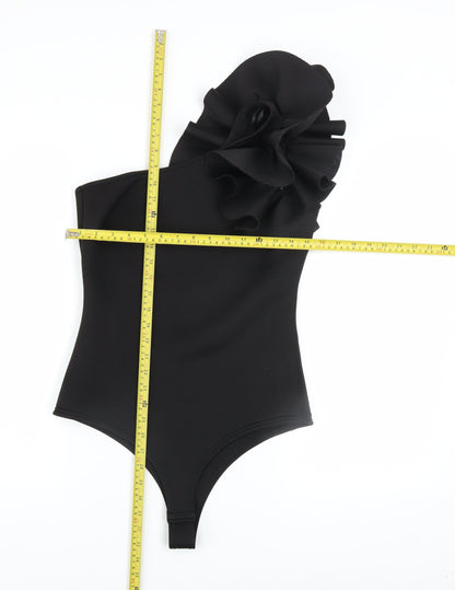 Pink Vanilla Women’s Black One Shoulder Ruffle Bodysuit UK 12
