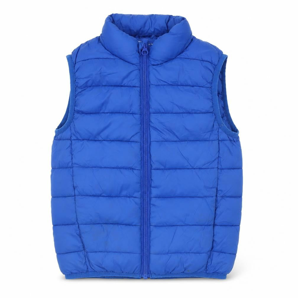 Front view of St Bernard boys’ blue puffer gilet 5-6 years nylon padded waistcoat